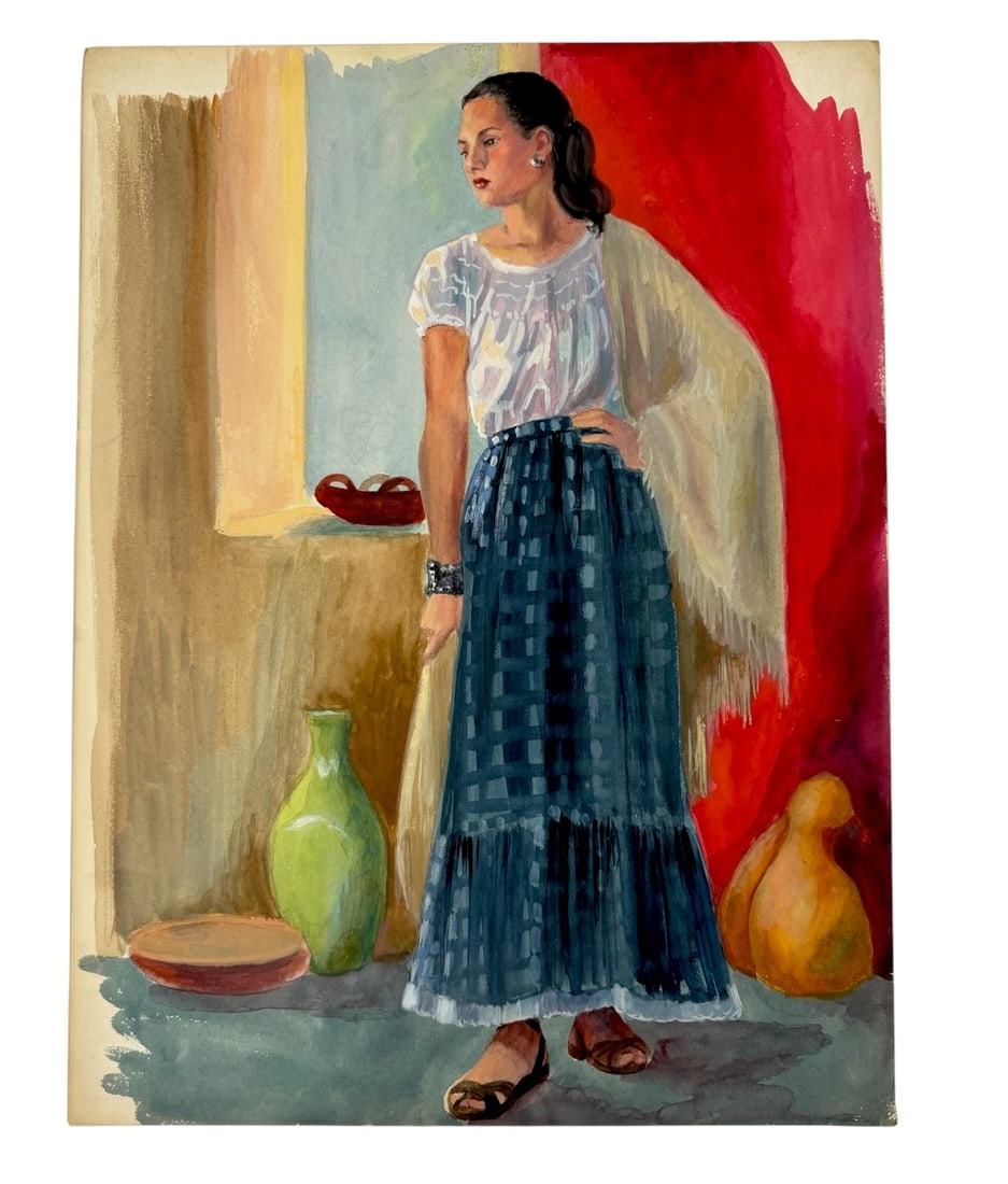 Original Watercolor Portrait of Woman: Original watercolor painting depicting a standing woman in traditional-style attire with pottery accents.