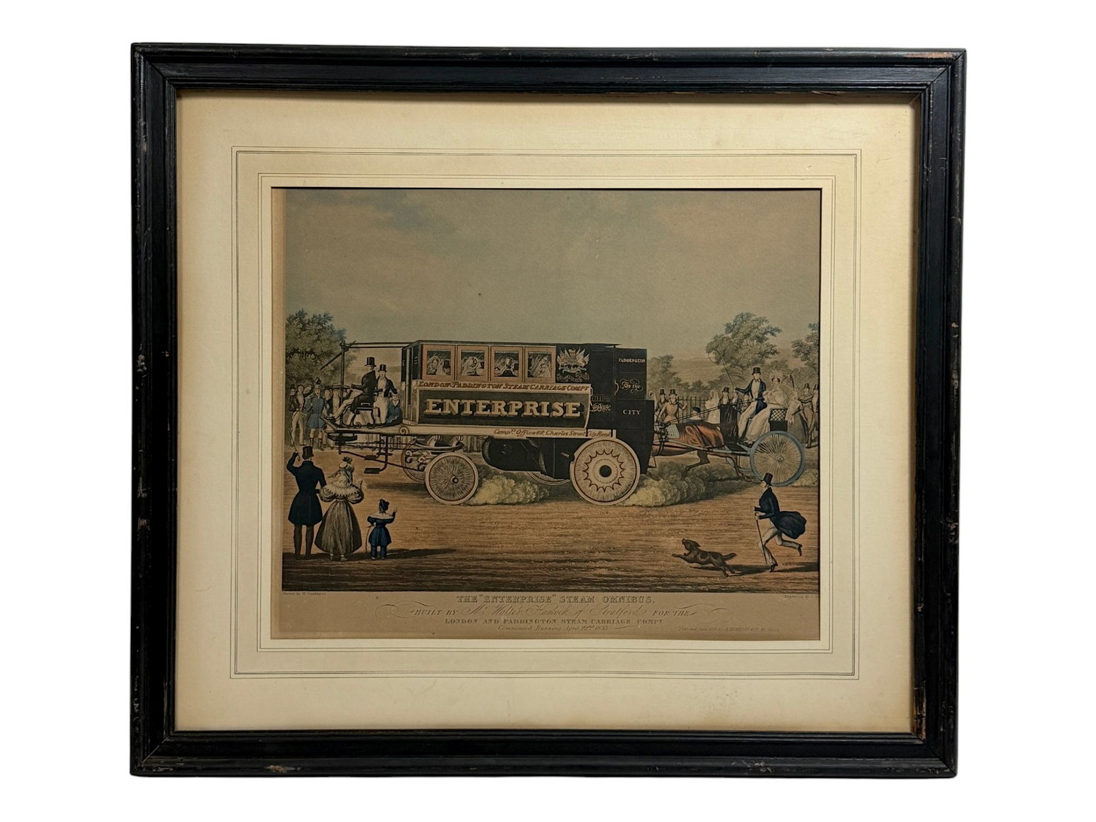 1833 Enterprise Steam Omnibus Framed: The "Enterprise" steam omnibus, built by Mr Walter Hancock of Stratford, for the London and Paddington steam carriage company. Commenced running April 22nd 1833. Published June 1833.