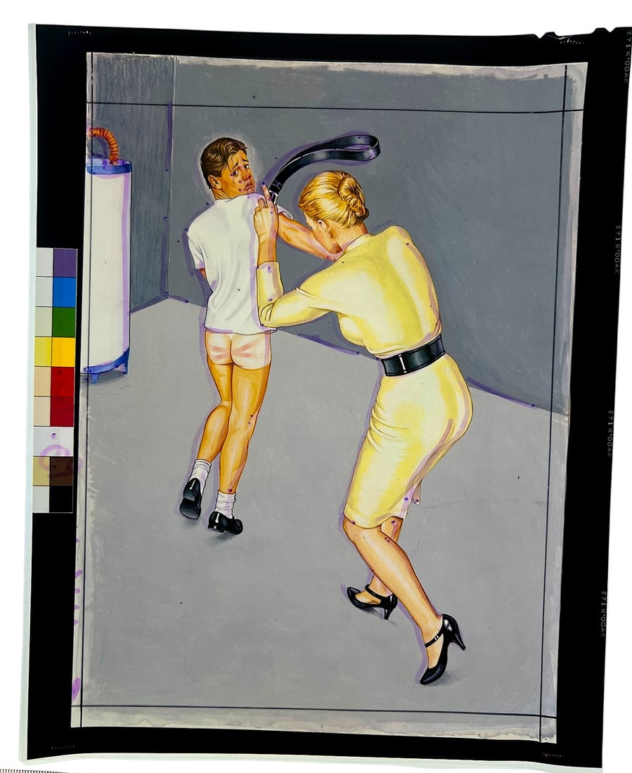 Original Large Illustration Art Transparency Negative: Original artwork transparency depicting a dramatic scene with two figures.