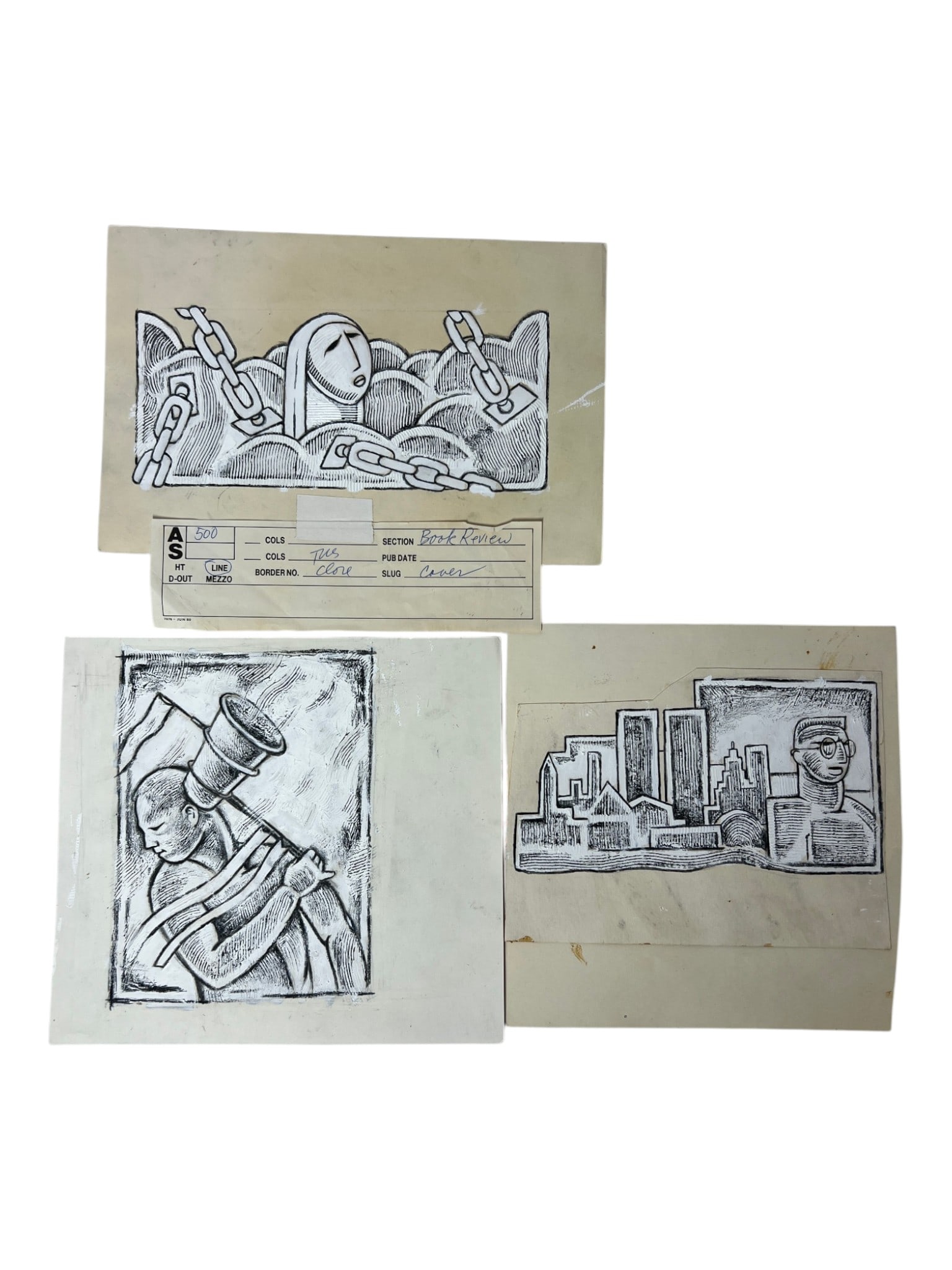 Original Drawing Illustration Art Group: Group of three original black-and-white editorial/newspaper illustration artworks on board.