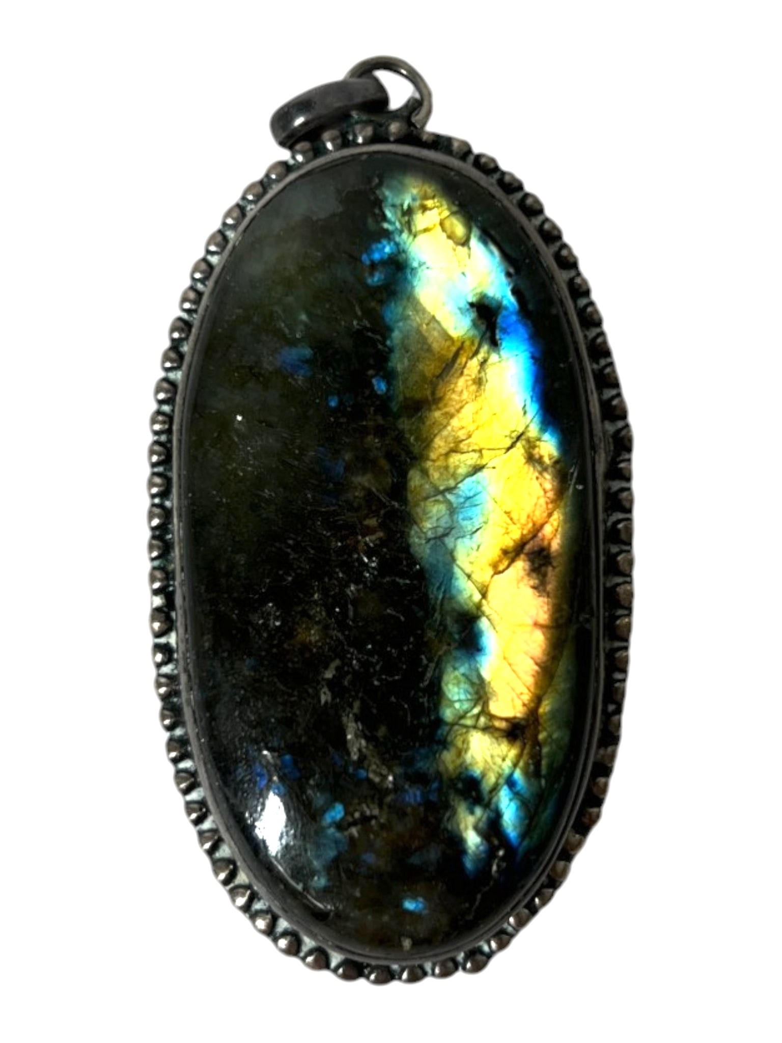 Labradorite Pendant: Oval labradorite gemstone pendant with iridescent blue and gold flash in decorative mount.