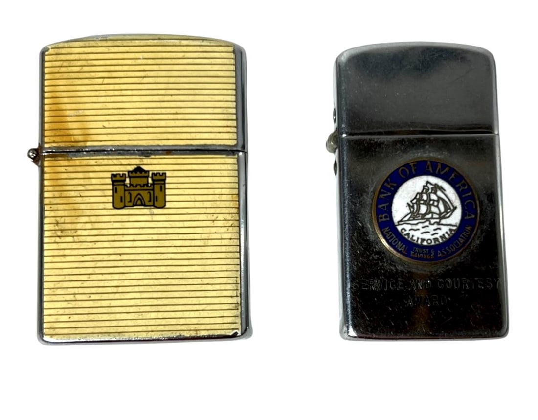 Vintage Lighter Group: Two vintage pocket lighters including Bank of America promotional example.