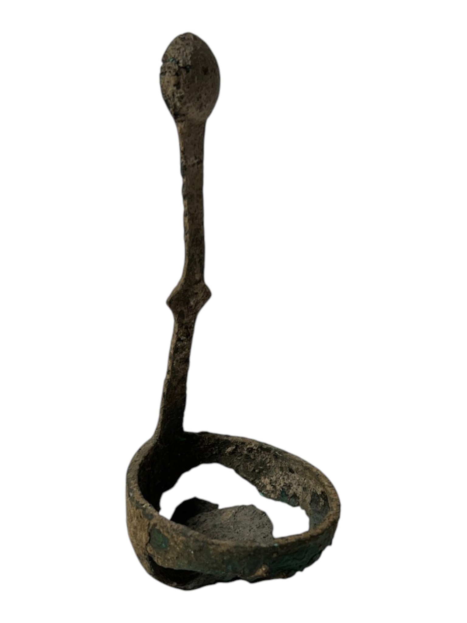 Ancient Roman Bronze Artifact: Corroded bronze or brass or bronze artifact with ring base and upright stem.