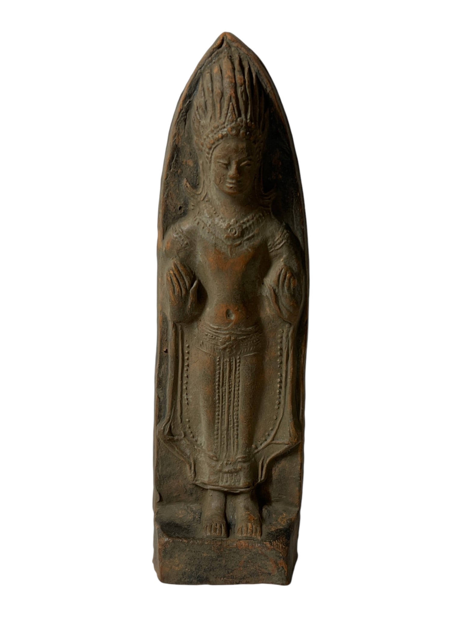 Southeast Asian Terracotta Figure: Terracotta standing figure in temple niche form, likely Southeast Asian decorative sculpture.