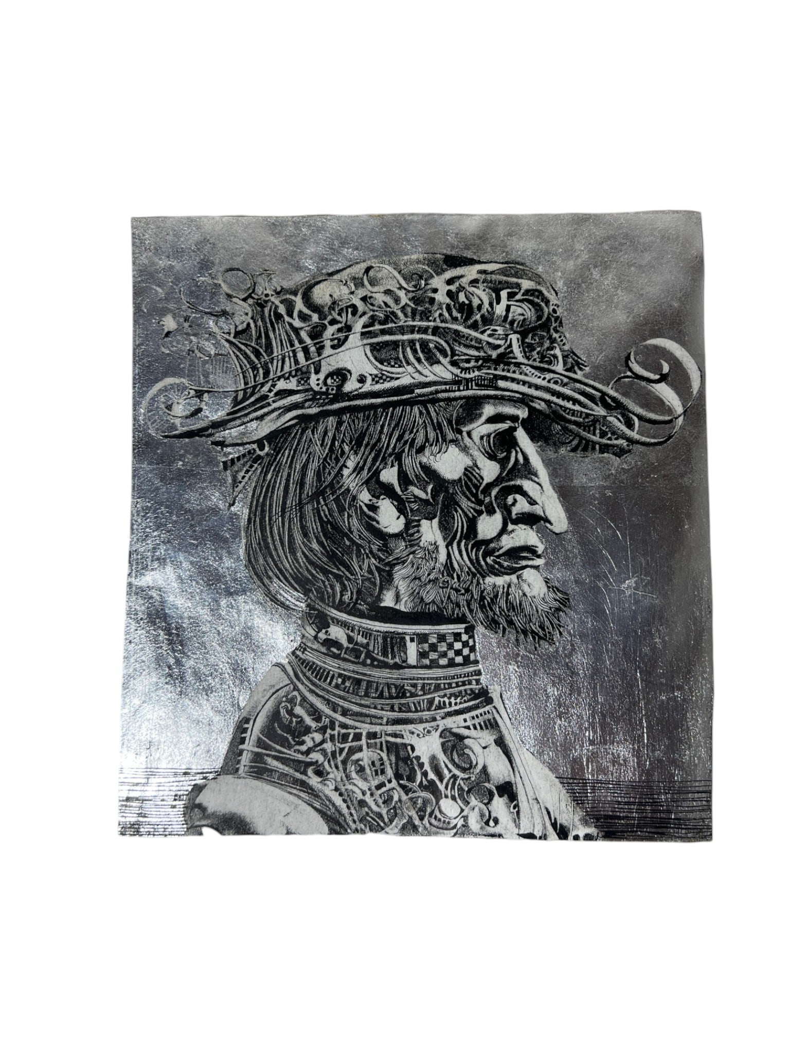 ENDRE SZASZ Plate Artwork Hungarian Artist: Metal printing plate featuring profile portrait illustration.