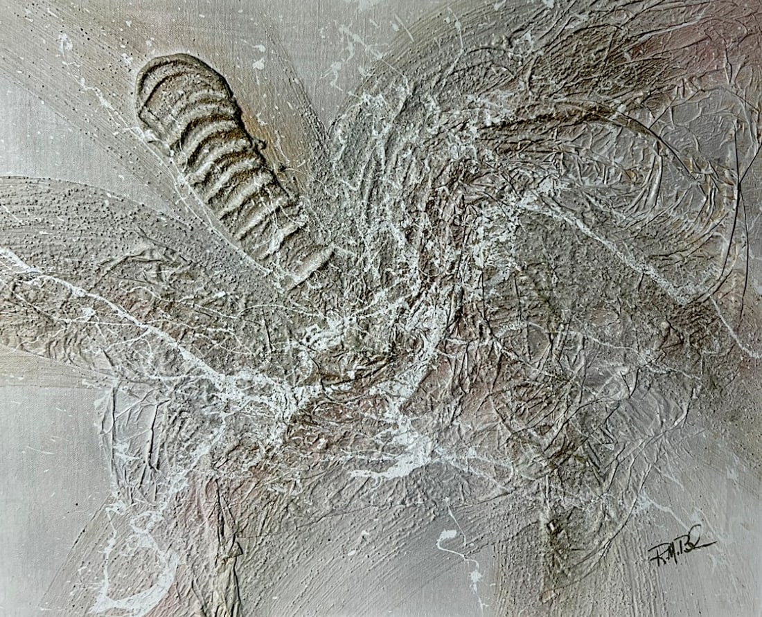 Abstarct Oil Painting on Canvas Signed: Framed abstract relief/mixed-media composition in neutral tones with textured surface and signature lower right. Decorative modernist wall art; frame shows light wear.