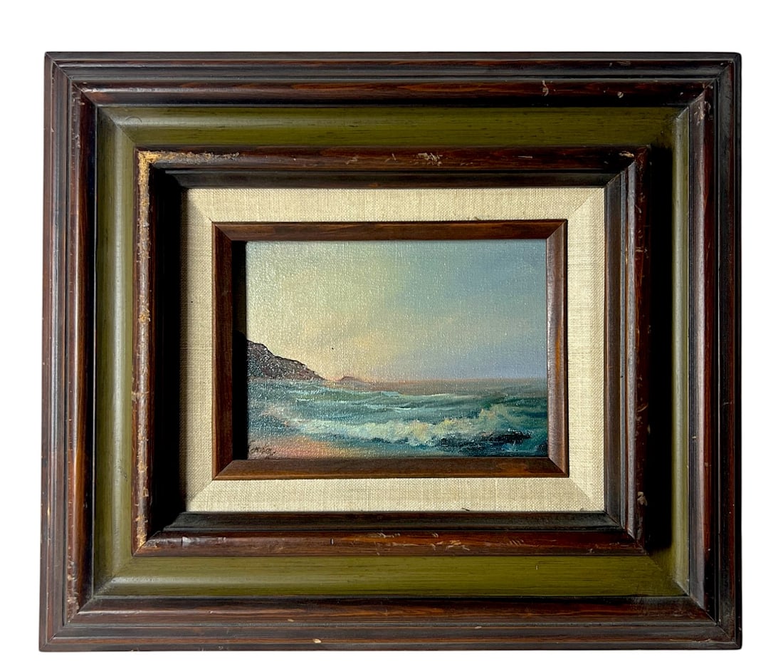Framed Small Seascape Oil Painting: Small framed oil painting on board/canvas depicting ocean waves and coastline in a layered wood frame. Unsigned or signature not visible; frame has scuffs.