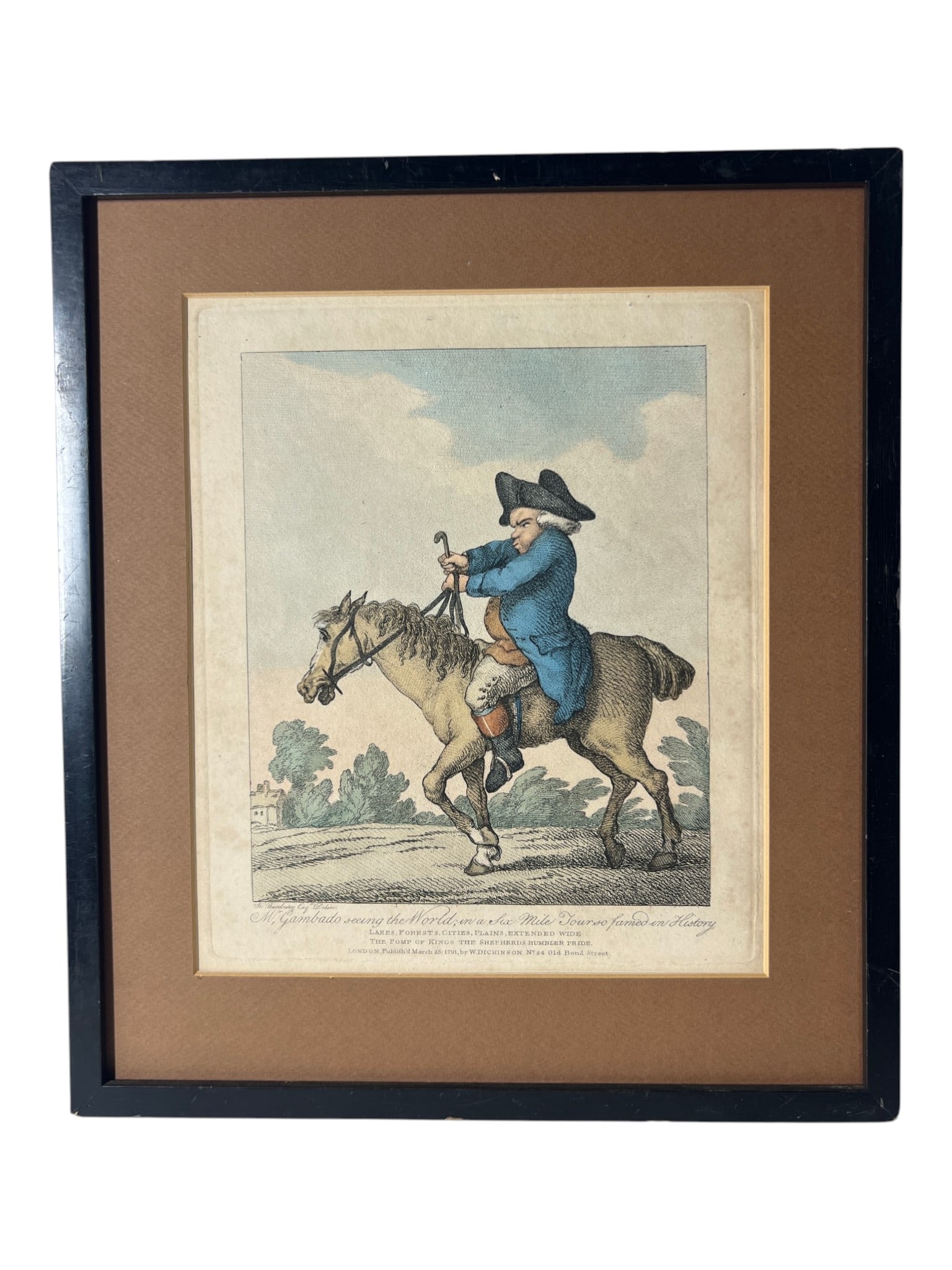 Henry Bunbury / Geoffrey Gambado Hand-Colored Equestrian Print: Framed hand-colored engraving/etching titled "Mr. Gambado seeing the World, in a Six Mile Tour so famed in History" after Henry William Bunbury, published by W. Dickinson, March 25, 1791. From the Ann