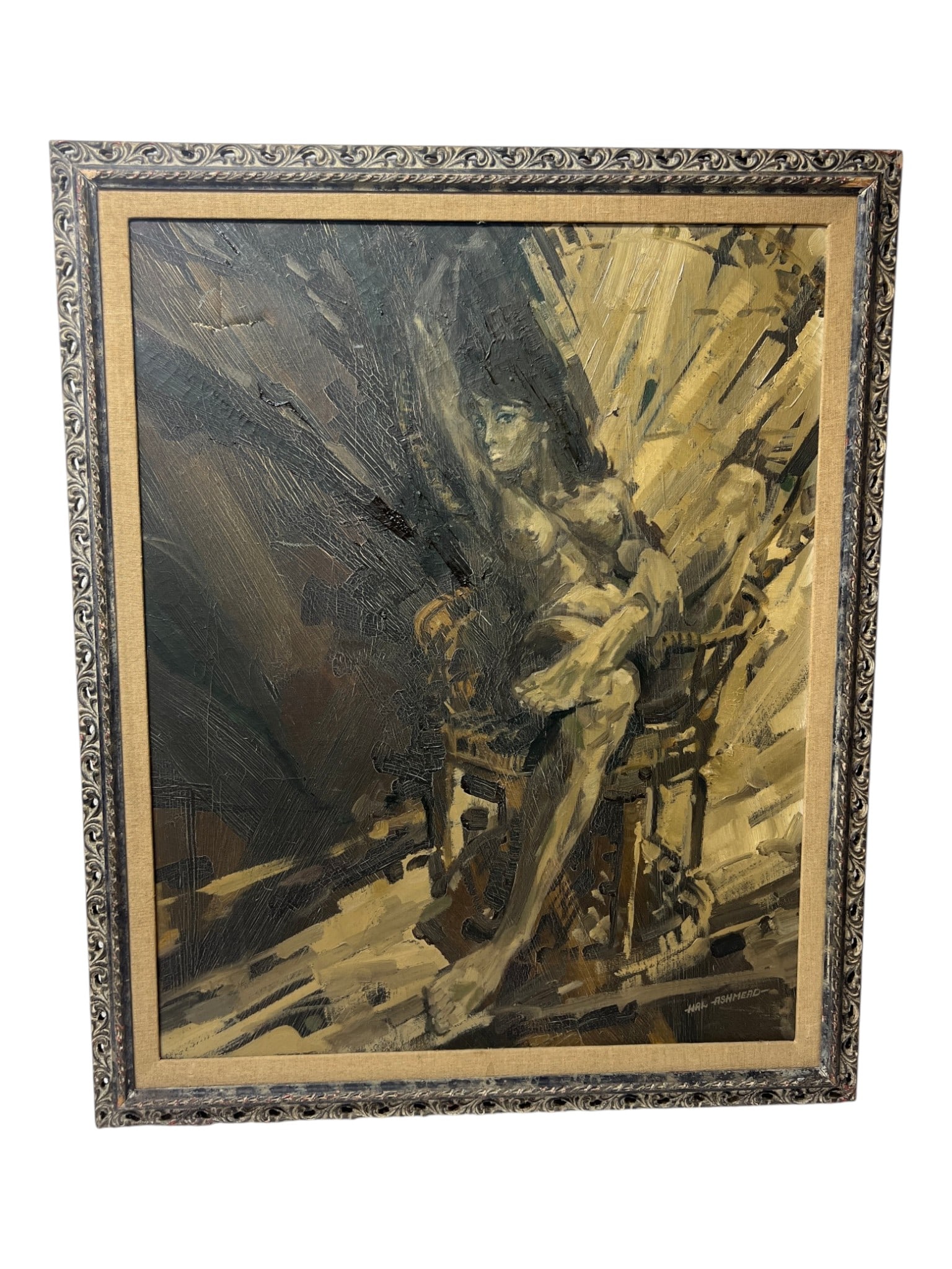Oil Painting on Canvas Figural Painting: Framed monochromatic figural oil painting signed