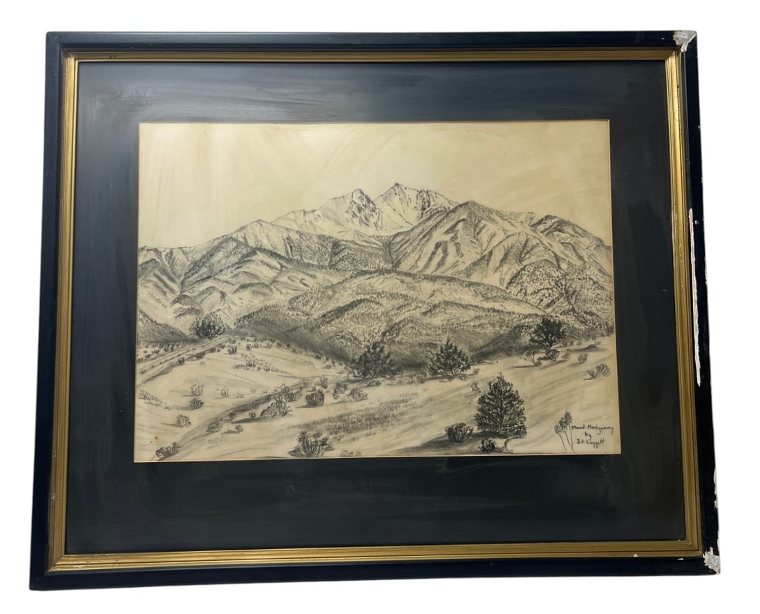 Mountain Landscape Drawing Signed: Framed graphite or charcoal mountain landscape drawing.