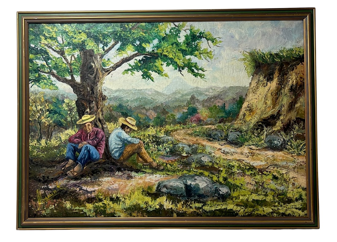 Vintage Landscape Oil Painting: Framed landscape painting depicting two seated figures beneath a tree.