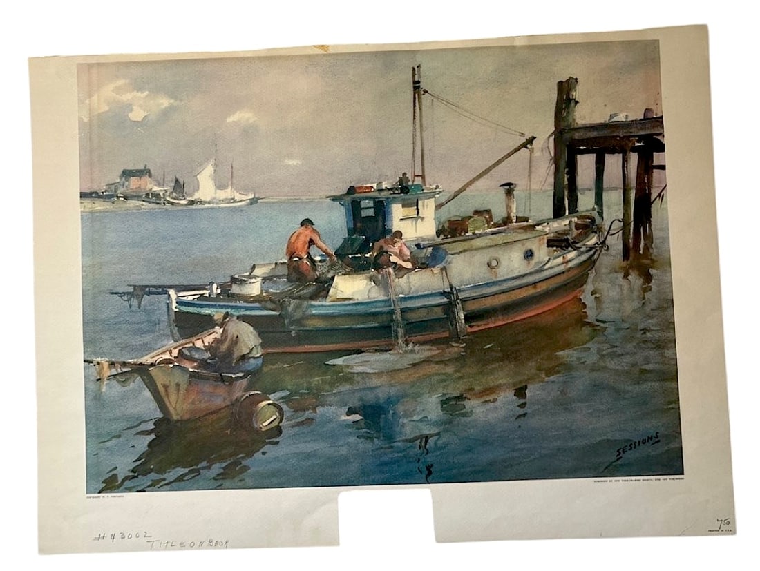Harbor Scene Litho After Sessions: Print depicting fishing boats at a dock, signed in plate 'Sessions'.
