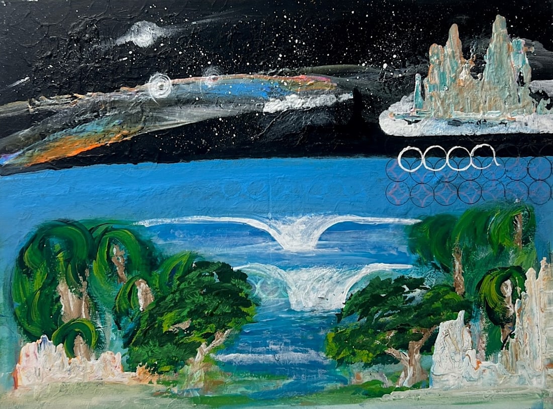 Surreal Landscape Painting: Contemporary surreal landscape painting with waterfalls, trees, and celestial imagery on canvas.