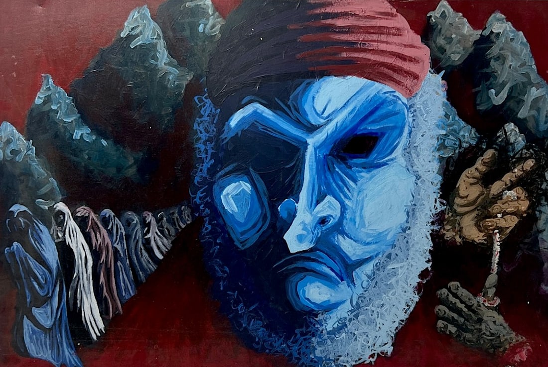 Expressionist Oil Painting on Canvas Portrait Painting: Large expressionist portrait painting with blue-toned face and dramatic red background.