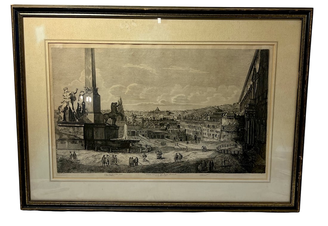 19th Century Italian Neo Classical Veduta Generale del Monte Quirinale Engraving Architectural: Framed black-and-white architectural city view engraving.