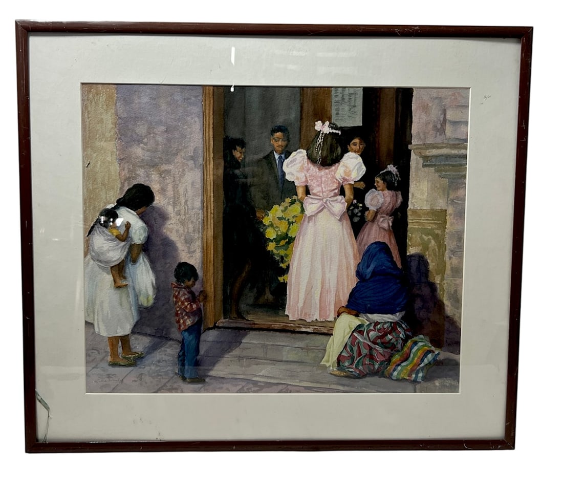 Edie Dunlap, Framed Genre Watercolor Scene: Framed watercolor depicting figures gathered at a church entrance.