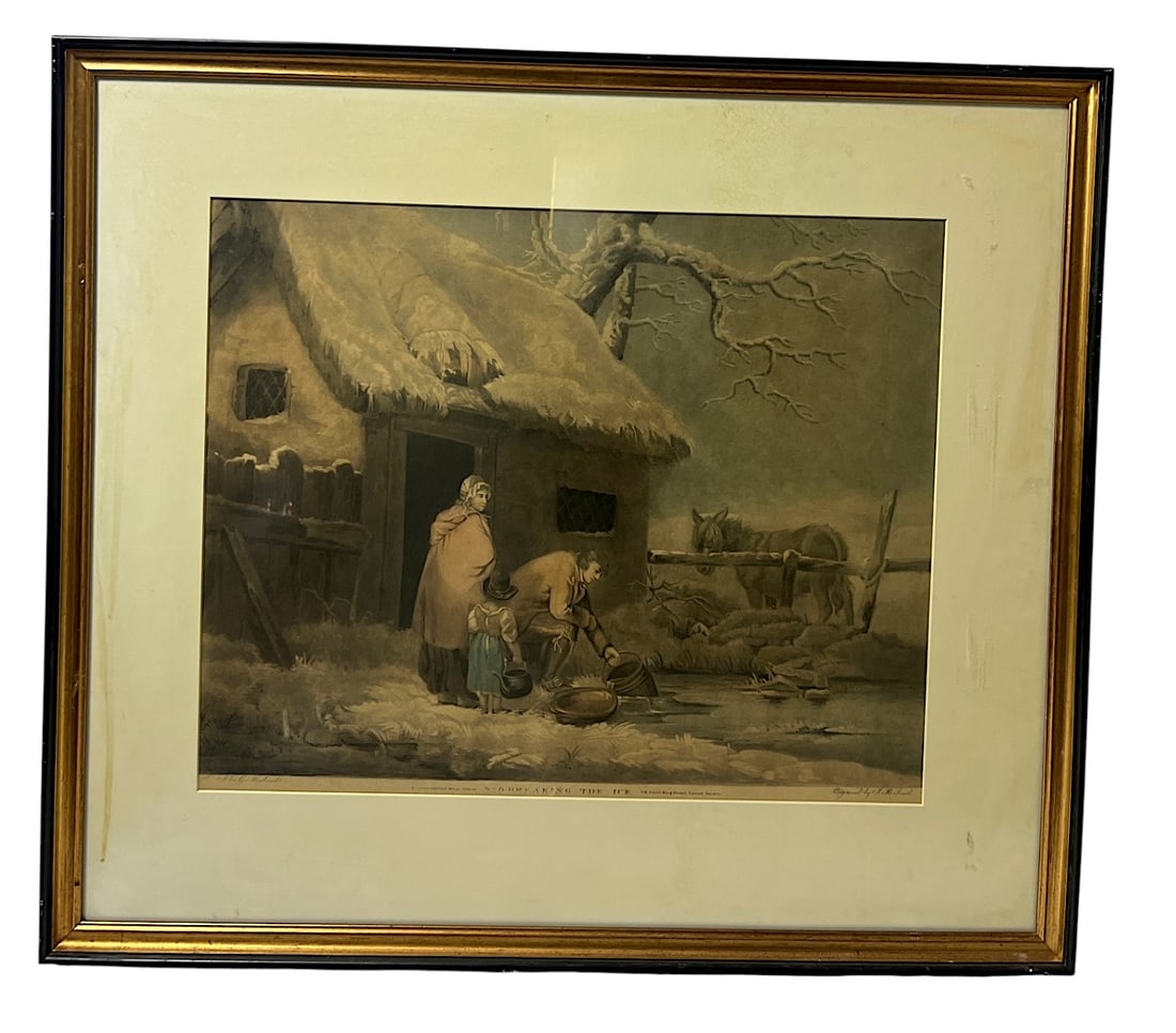 John Raphael after George MORLAND SMITH / No 9 Breaking the Ice 1801: Framed antique print depicting figures near a frozen pond beside a cottage.