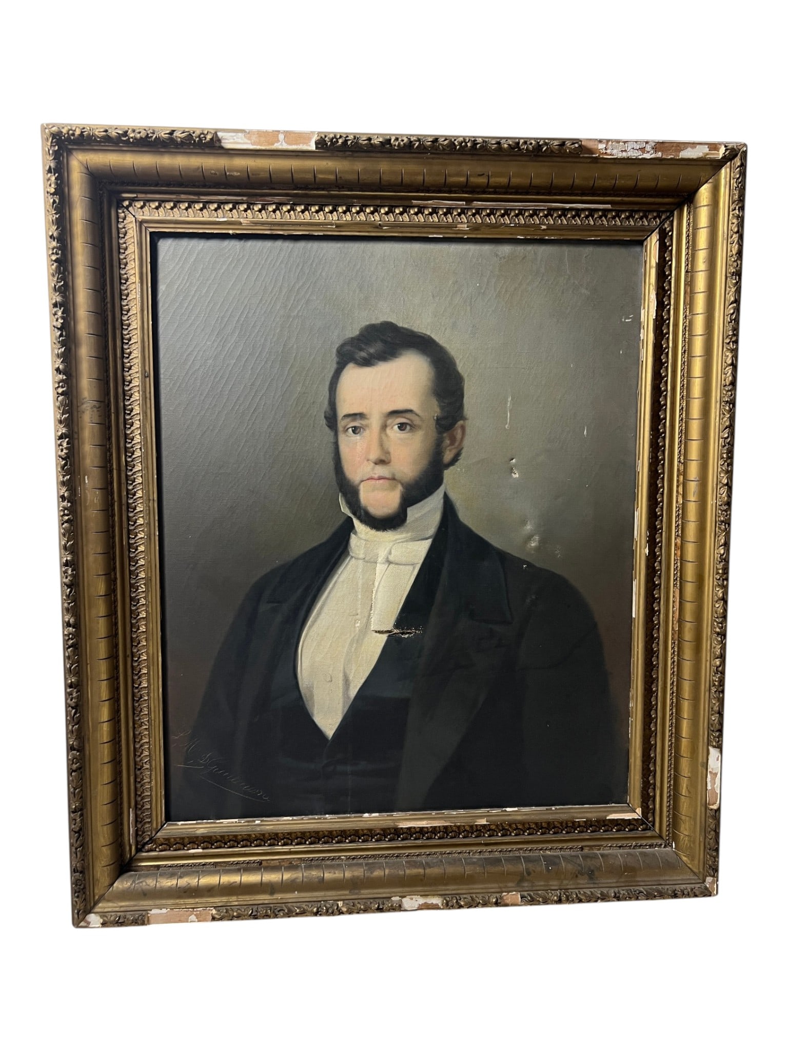 19th Century Gentleman Portrait: Framed portrait of a gentleman in period attire, oil on canvas. See photos damage side