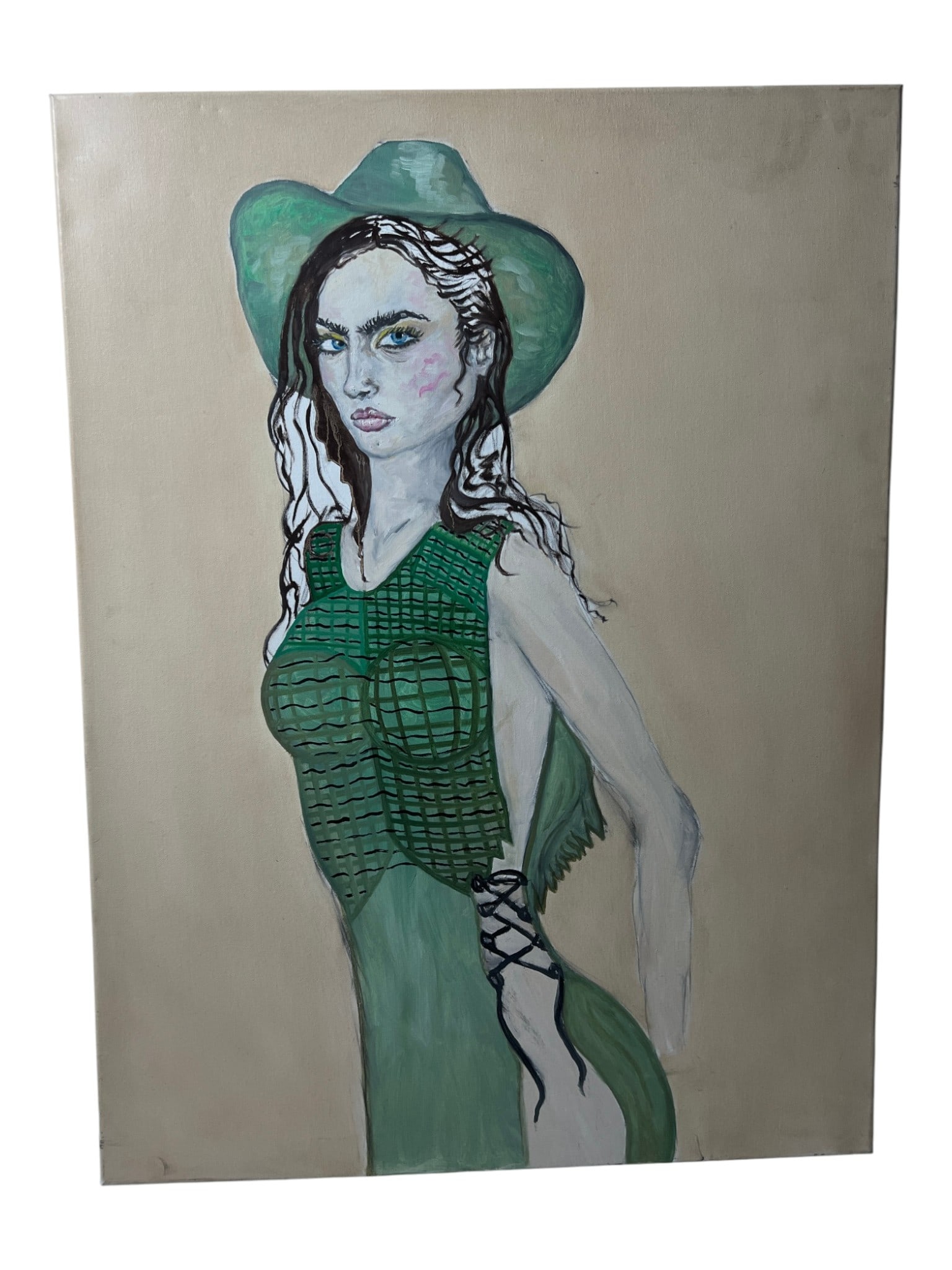Contemporary Art Portrait Painting: Modern portrait of a woman in green attire and hat, oil on canvas.