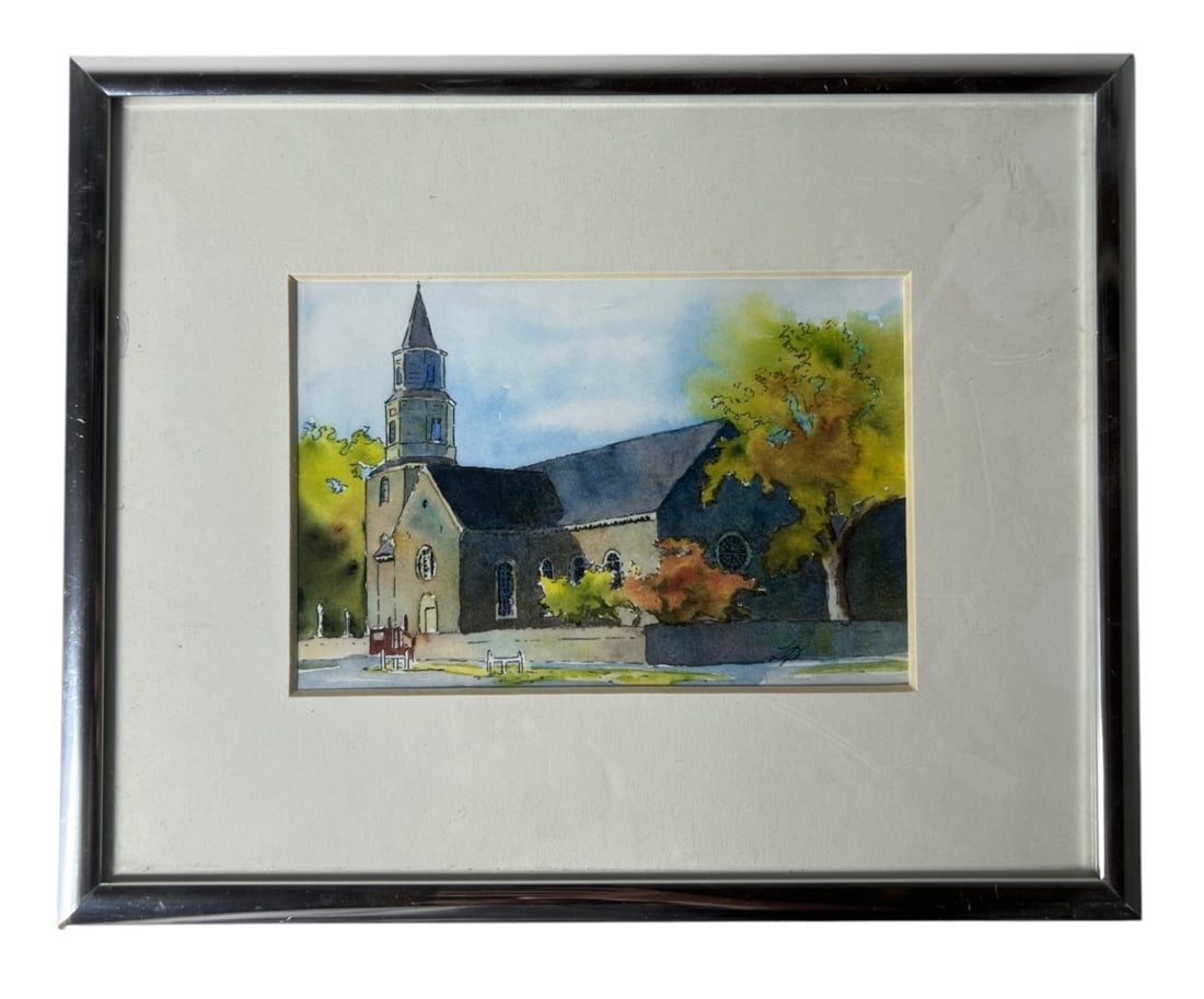 Framed Church Watercolor: Small framed watercolor painting of a church and landscape.