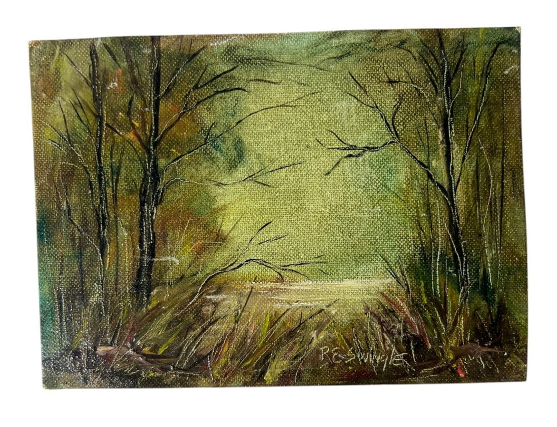 Miniature Landscape Painting Signed: Small signed landscape painting on canvas board.