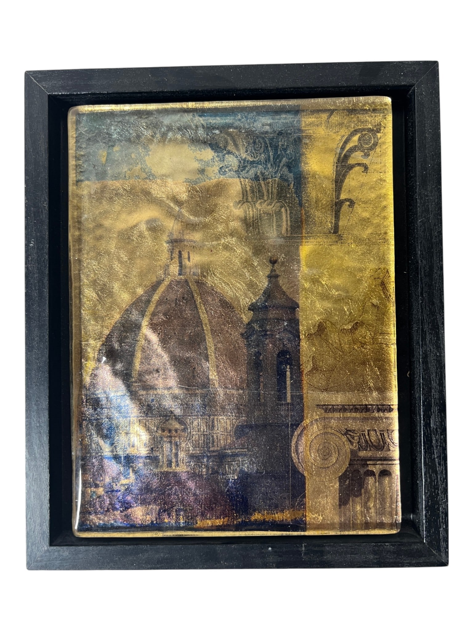 Decorative Architectural Panel: Framed decorative architectural image with gilt finish and cathedral motif.