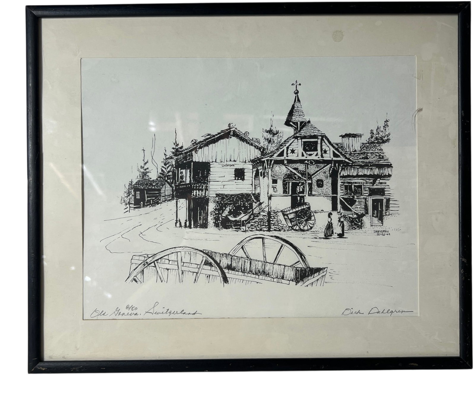 Dahlgren, Dick Swiss Village Pen & Ink Drawing: Framed signed pen and ink drawing of a Swiss village scene, edition 8/50.