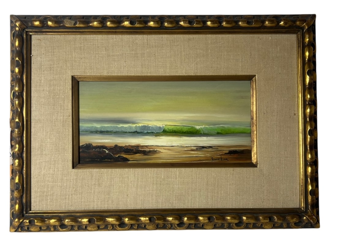 Miniature Seascape Oil Painting Signed Robert Huar: Small framed oil painting depicting waves and shoreline.