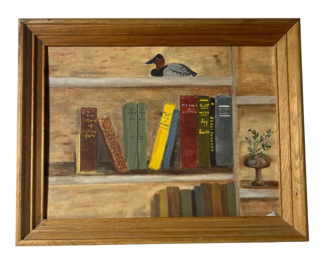 Bookshelf Still Life Painting on Board: Framed folk art style still life painting of books and decoy duck.