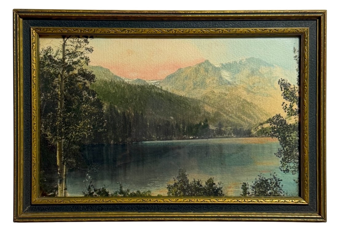 Antique Mountain Lake Scenic Drawing: Framed scenic print of mountain lake with forested shoreline.