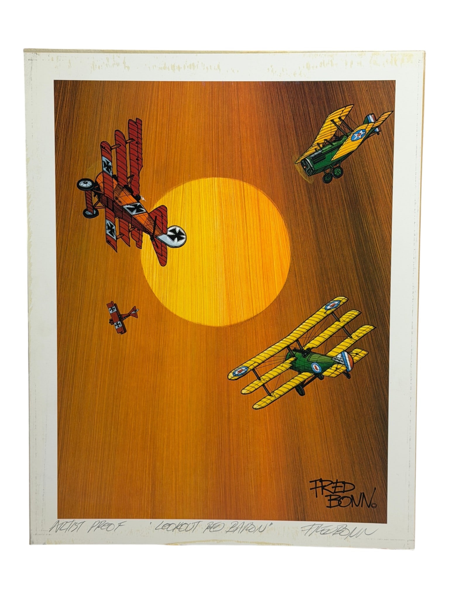 Fred Bown Illustration Art Signed Aviation Artist Proof: Artist proof print titled 'Lookout Red Baron' featuring vintage biplanes.
