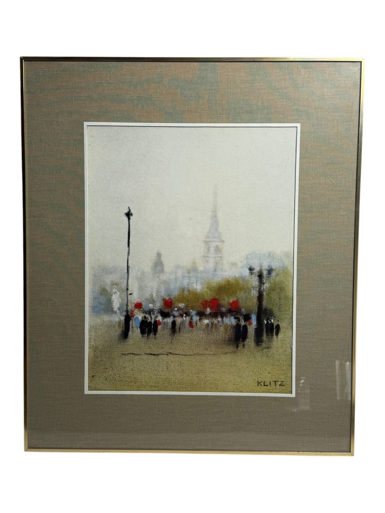 Impressionist City Scene Anthony Robert Klitz: Framed impressionist-style city scene with figures and red accents.