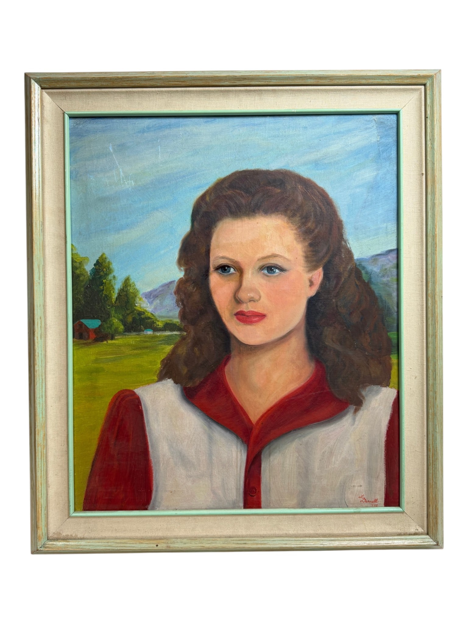 Portrait of Young Woman oil on Canvas Painting 1947 Signed L.Darnel: Framed oil on canvas portrait of a young woman in landscape setting, dated 1942.