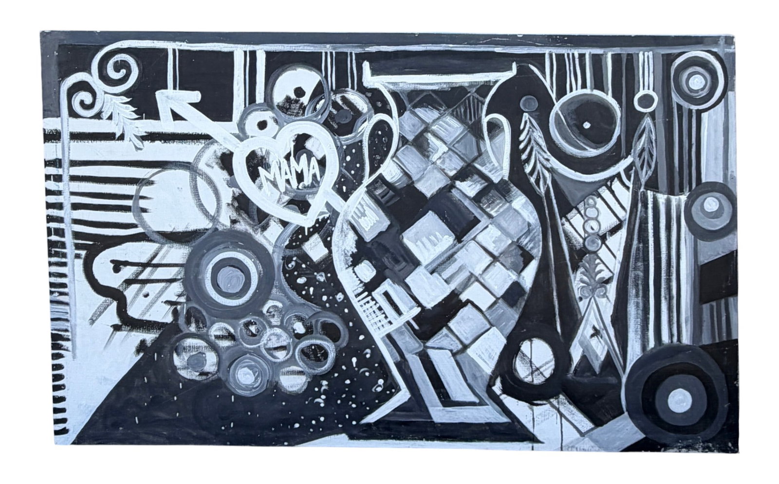 Contemporary Street Art Black & White Abstract Painting on Canvas: Large monochromatic abstract painting with geometric and circular motifs.