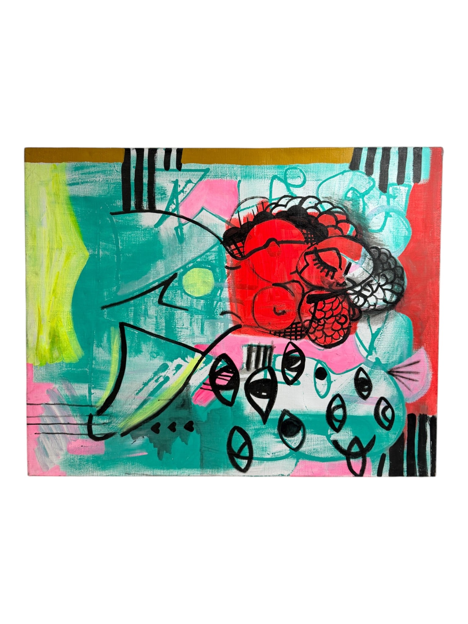 Contemporary Figurative Abstract Painting: Colorful contemporary abstract painting featuring reclining female figure.