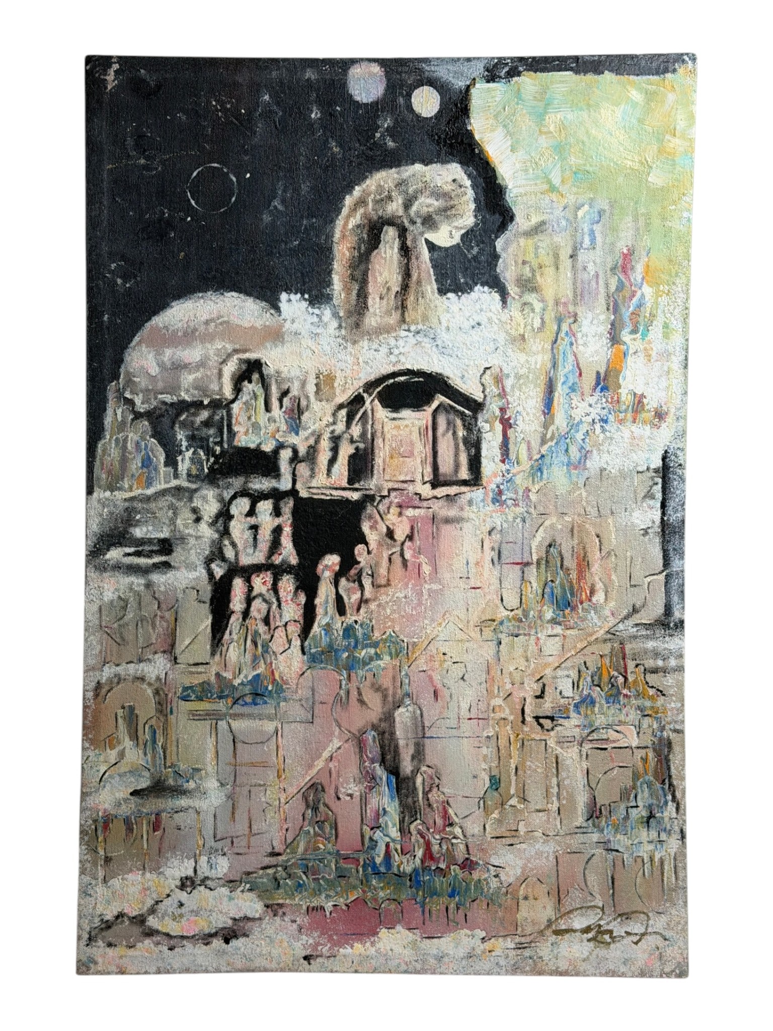 Abstract Surrealist Composition: Oil on canvas abstract surrealist scene with architectural and figurative elements, signed lower right.