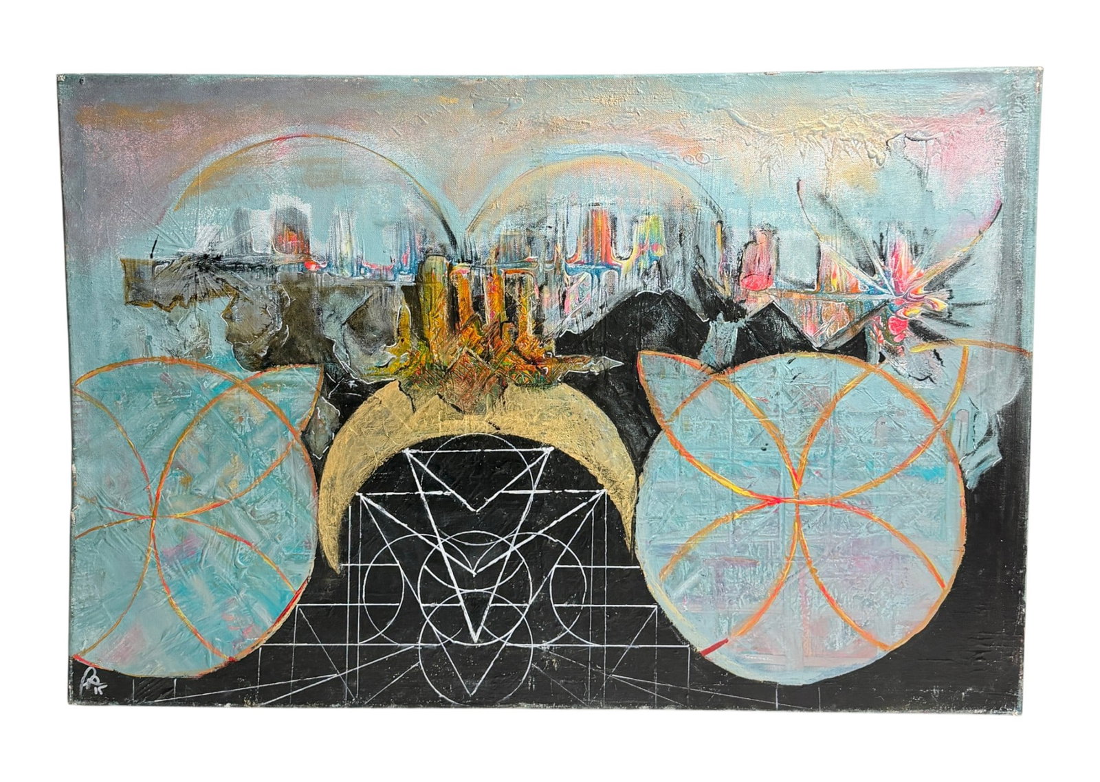 Geometric Abstract Symbolic Painting on Canvas: Large abstract painting with geometric motifs and circular forms in pastel tones.