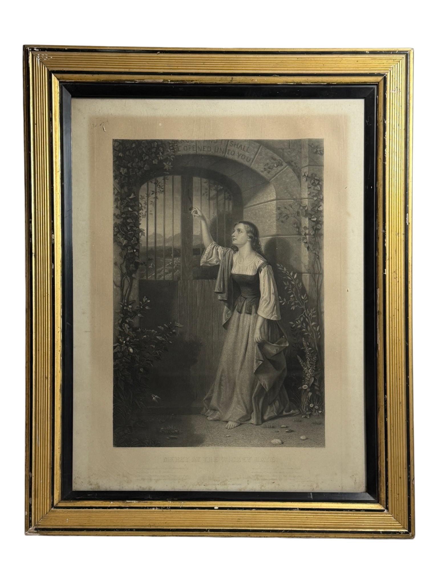 Mercy at the Wicket Gate Engraving: Antique framed engraving titled 'Mercy at the Wicket Gate'.