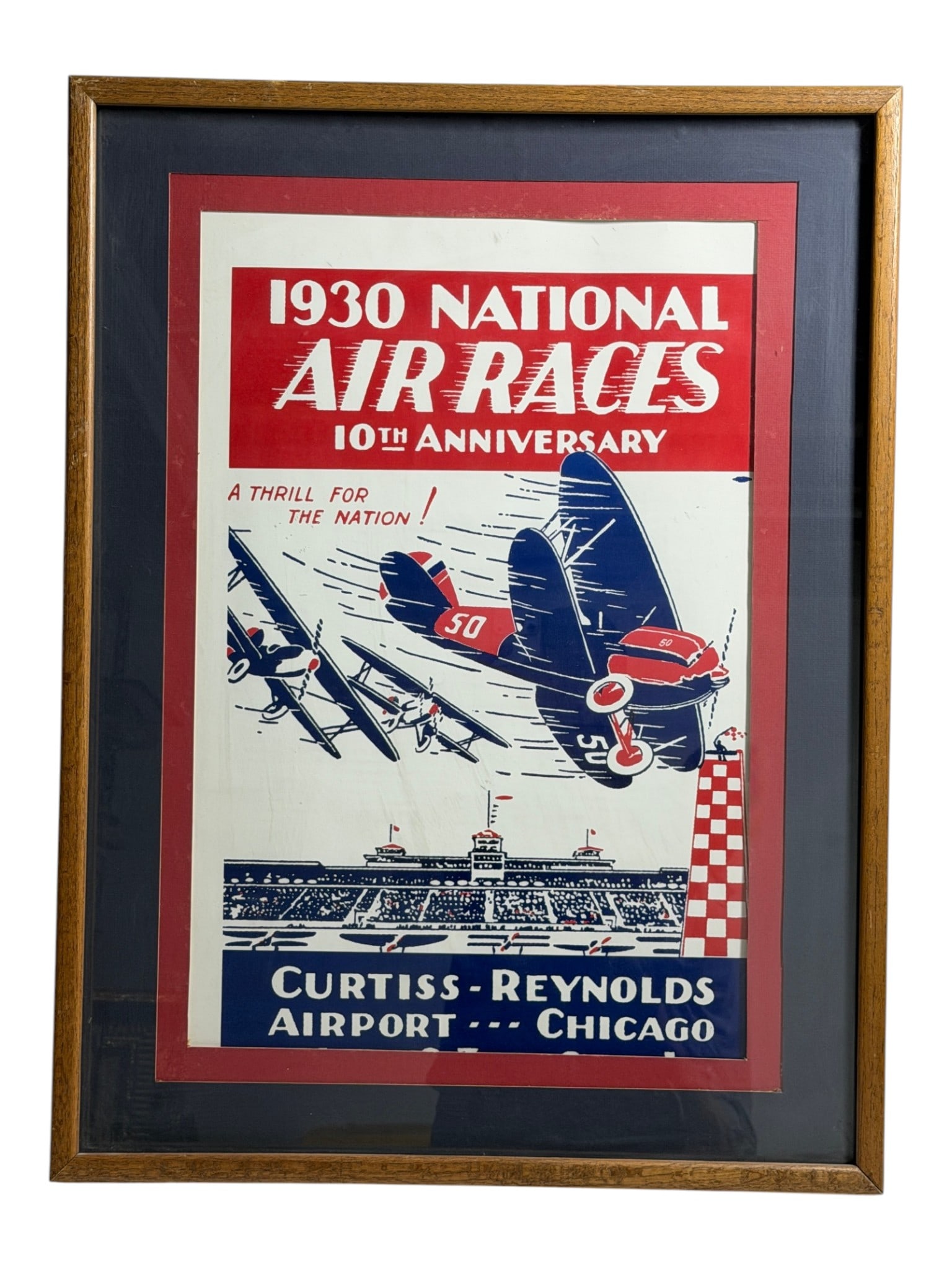 1930 National Air Races Poster: Framed aviation-themed poster for the 1930 National Air Races, Chicago.