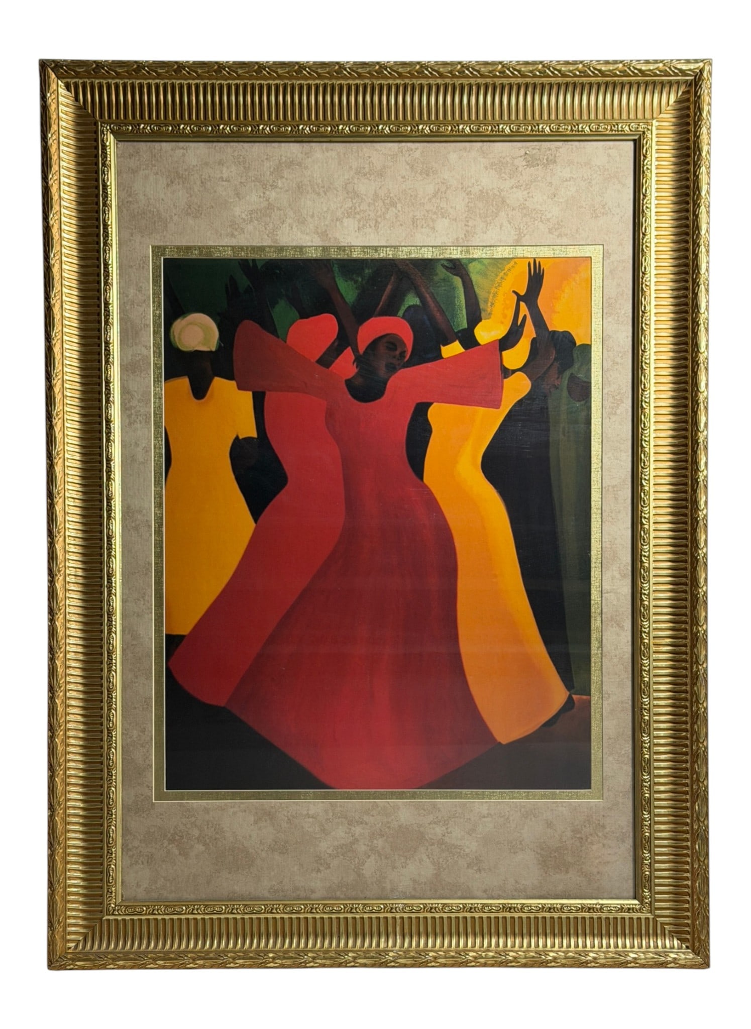 Bernard Hoyes "In the SpiritHand Serigraph: Framed reproduction print depicting stylized dancing figures in vivid colors.