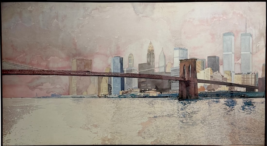 David Lingwood - Brooklyn Bridge - 1983 Offset Lithograph: Large framed panoramic cityscape print featuring the Brooklyn Bridge and New York skyline.