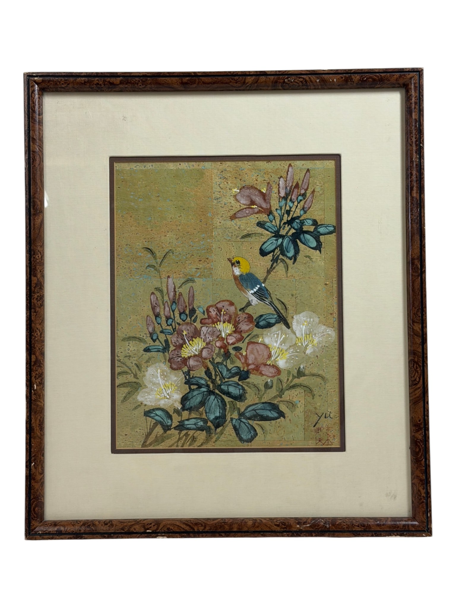 Asian Bird and Floral Artwork: Framed decorative artwork featuring bird and flowering branches, signed lower right.