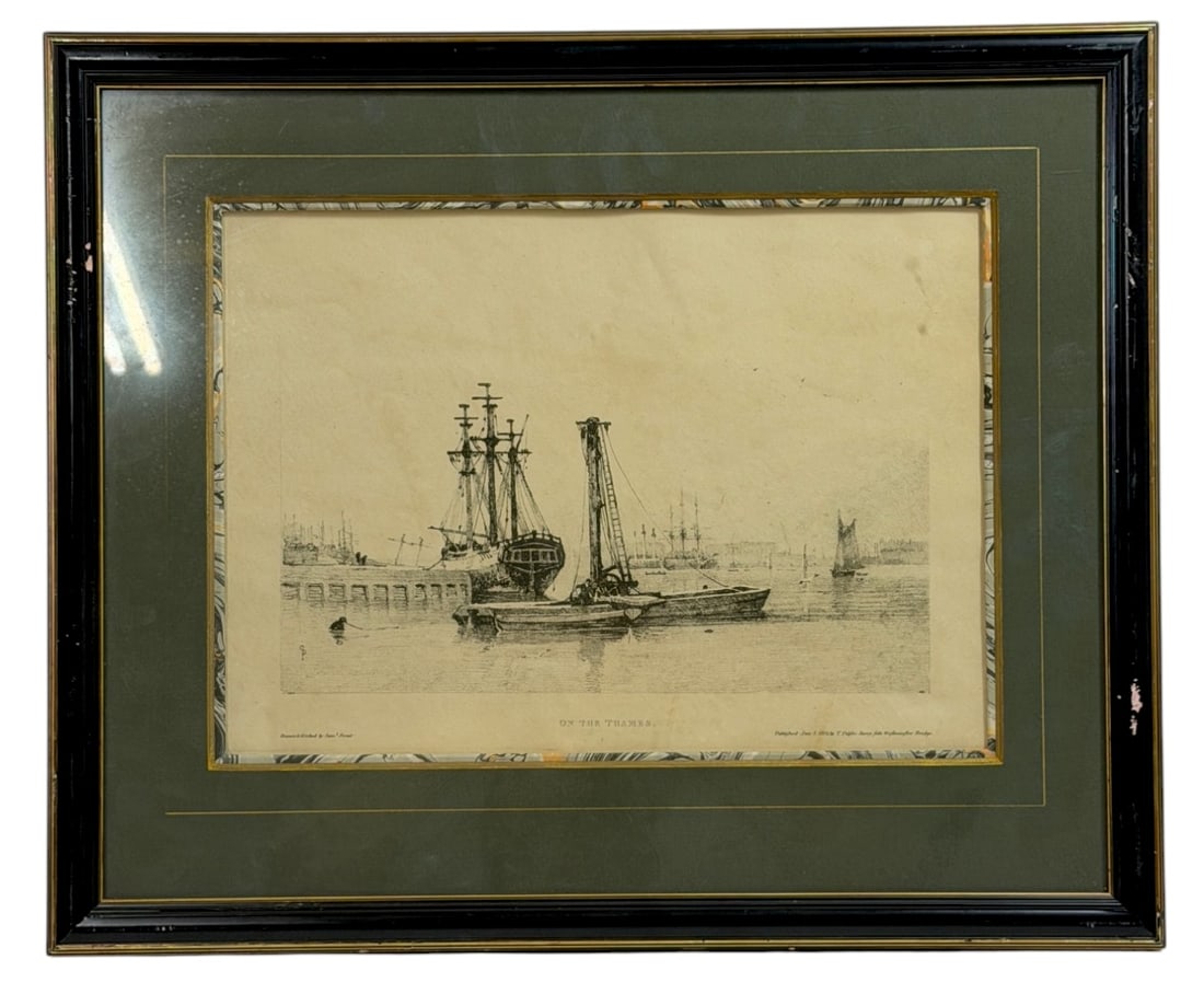 On the Thames Antique Engraving SAMUEL PROUT: Framed antique engraving titled 'On the Thames' depicting boats and ships on a river.