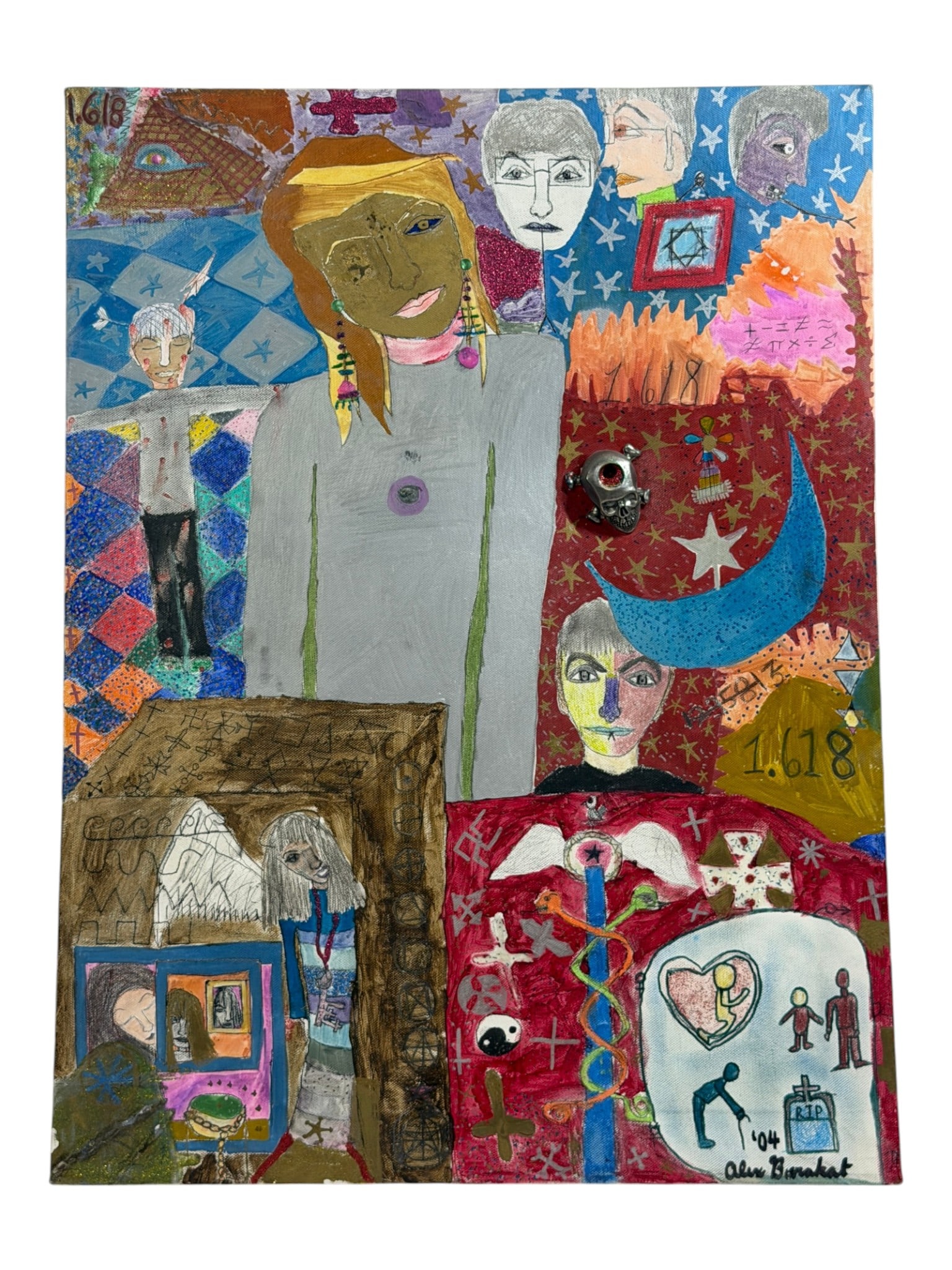 Outsider Folk Art Mixed Media Painting: Colorful mixed media painting with figures, symbols, and applied decorative elements, signed and dated 2004.