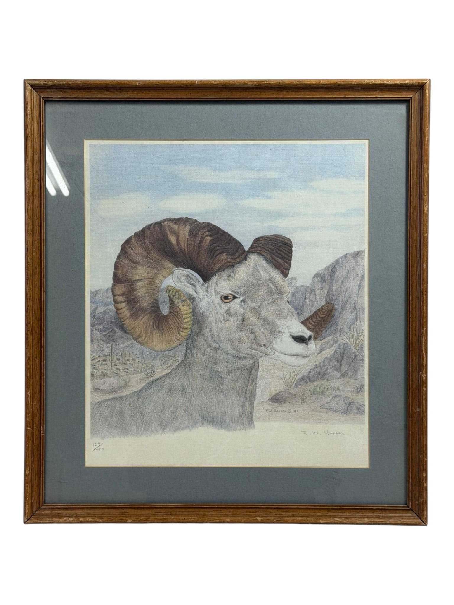 R.W. Hansen Bighorn Sheep Lithograph Signed and Numbered: Framed signed and numbered wildlife print of a bighorn sheep, dated 1983.
