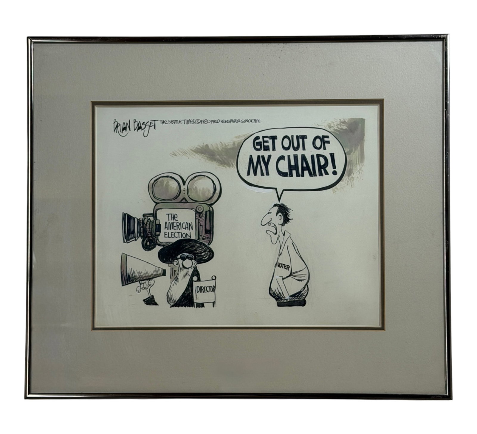 Political Cartoon Artwork: Framed Brian Basset political cartoon artwork relating to the American election.