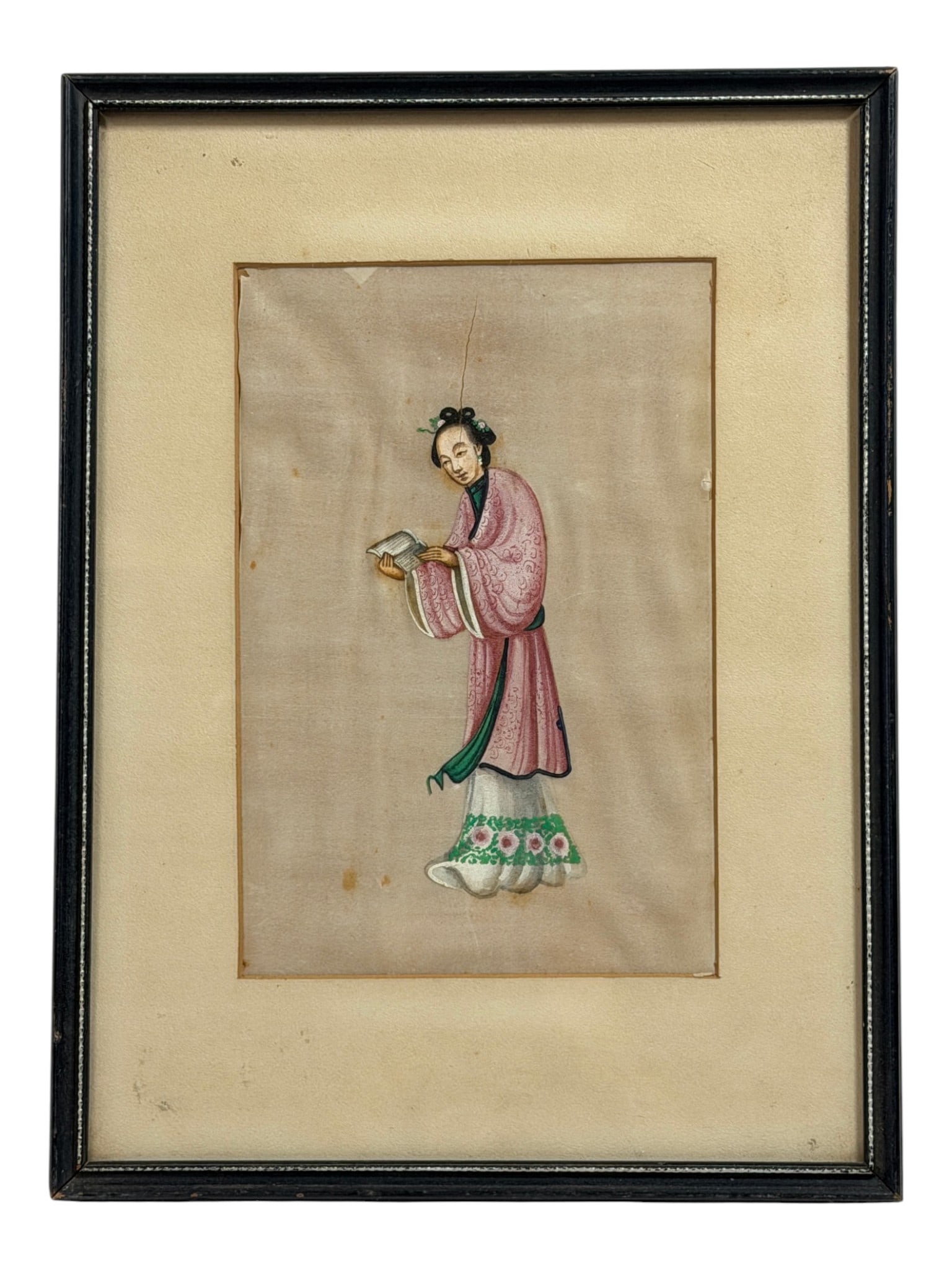 Chinese Figure Watercolor painting: Framed watercolor or gouache painting depicting a woman in traditional Chinese dress reading a book.
