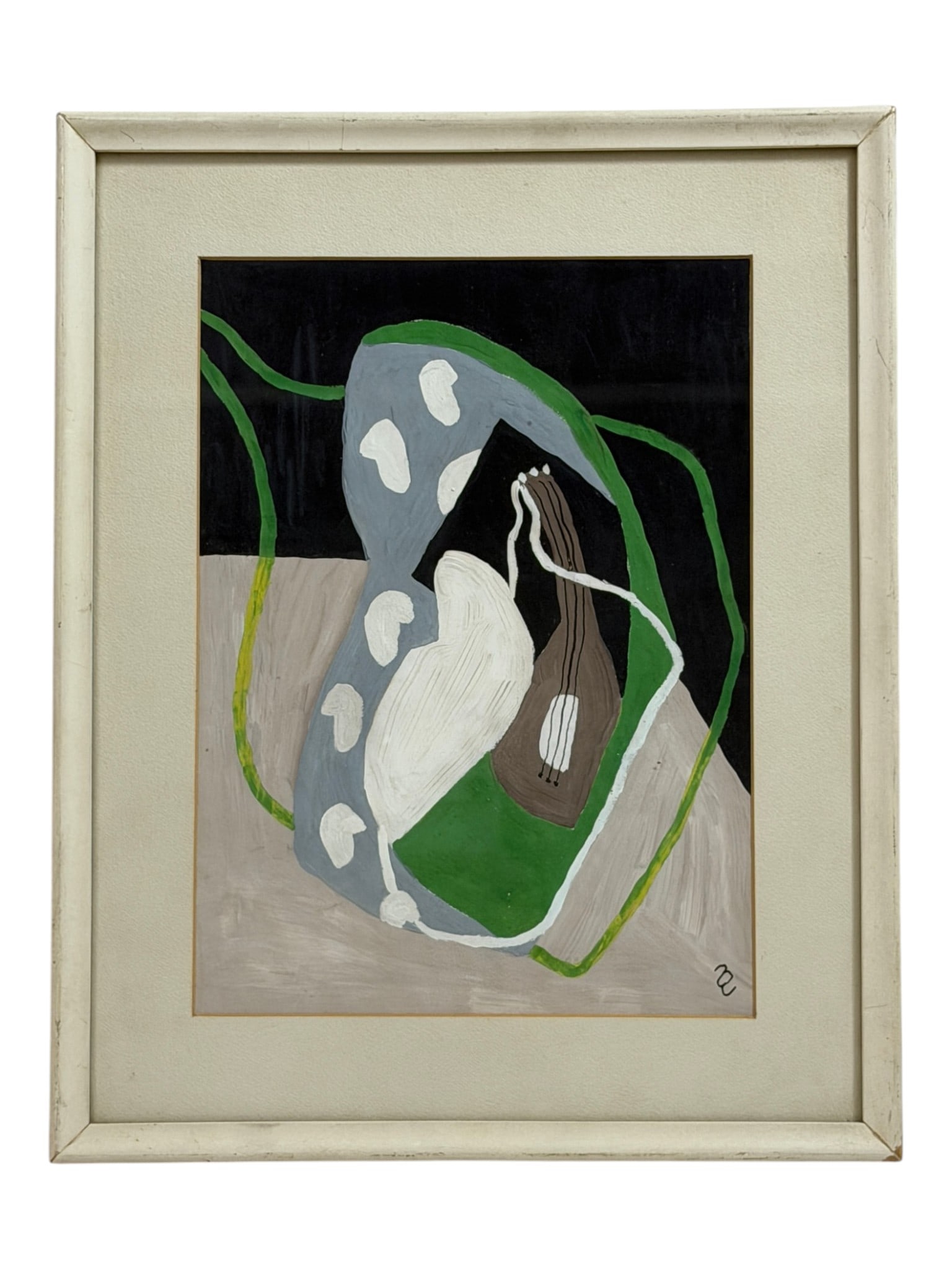 Modern Abstract Still Life Painting: Framed modern abstract painting featuring a stylized stringed instrument.