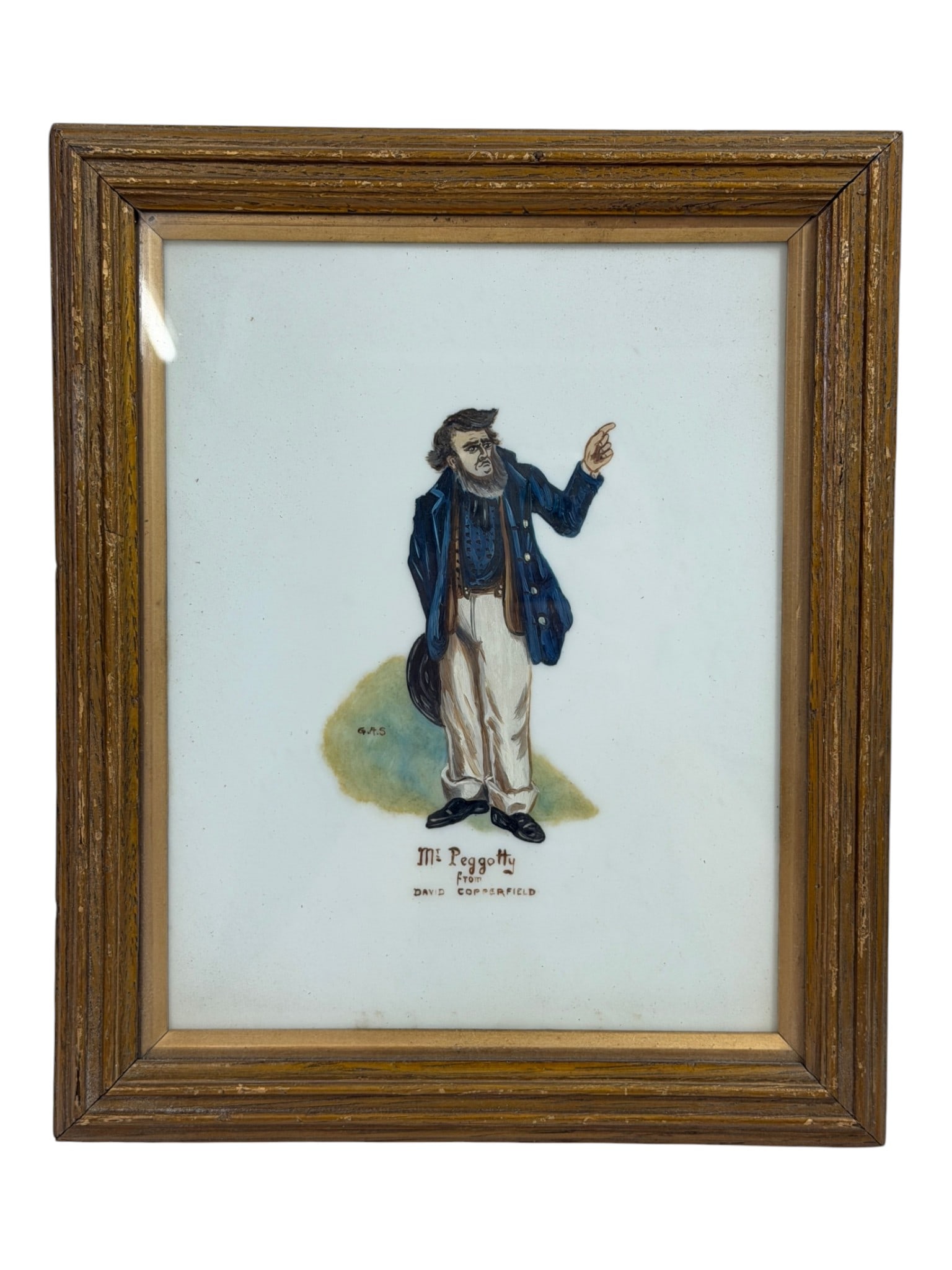 David Copperfield Character Painting: Framed illustration of Mr. Peggotty from David Copperfield, signed with initials.
