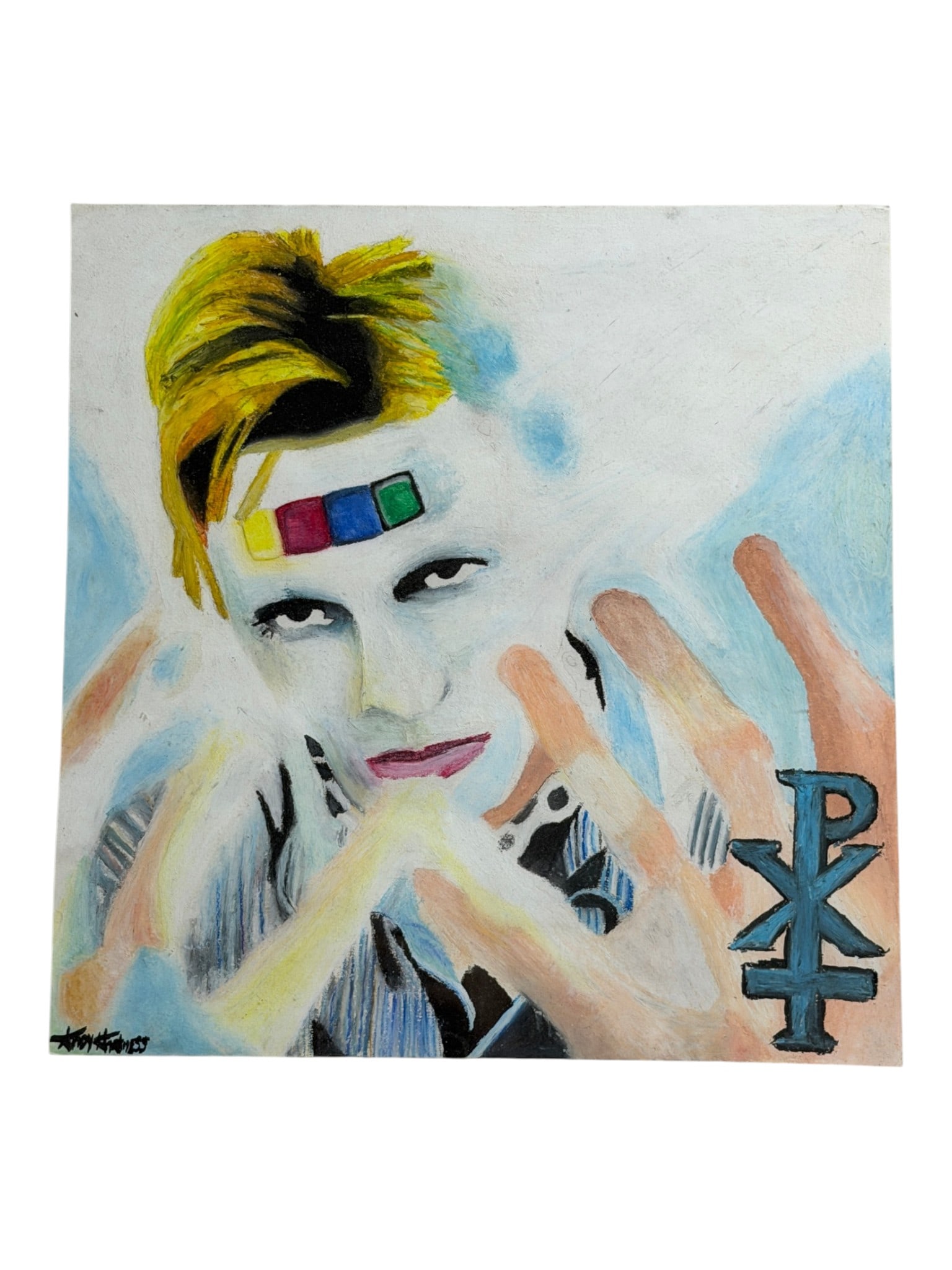 David Bowie Portrait Artwork Signed by Artist: Framed modern mixed-media style portrait artwork with colorful geometric accents.